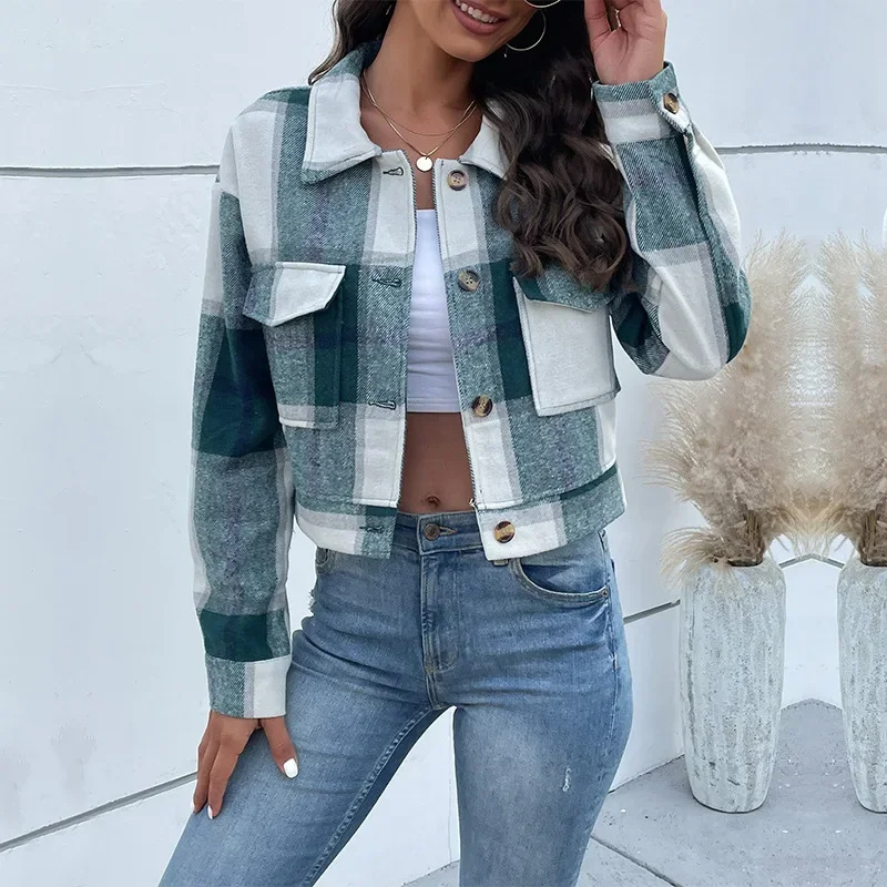 Grace - Bomber Plaid pour Femmes, Modèle Court avec Fermeture Bouton et Zip
