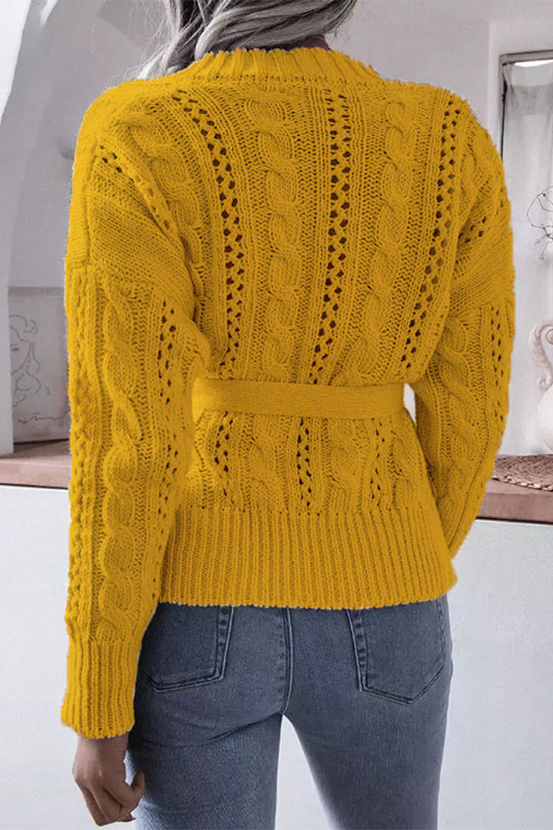 Zélan | Cardigan Tricoté Femme Unicolore Boutonné avec Ceinture à Nouer à la Taille, Élégant et Confortable