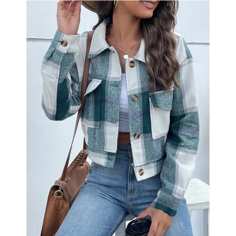 Grace - Bomber Plaid pour Femmes, Modèle Court avec Fermeture Bouton et Zip