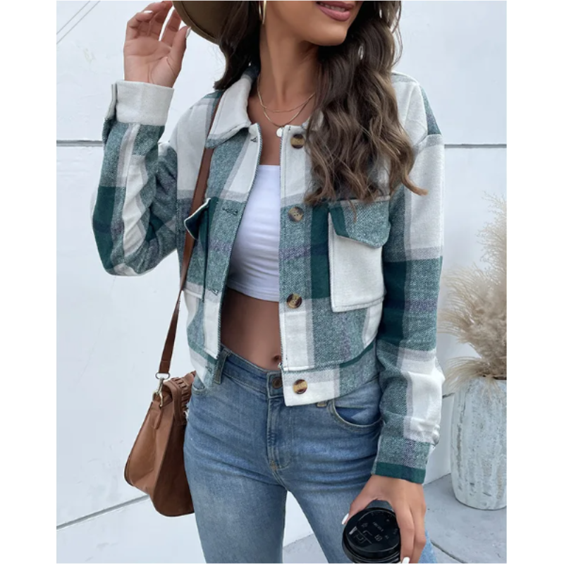 Grace - Bomber Plaid pour Femmes, Modèle Court avec Fermeture Bouton et Zip