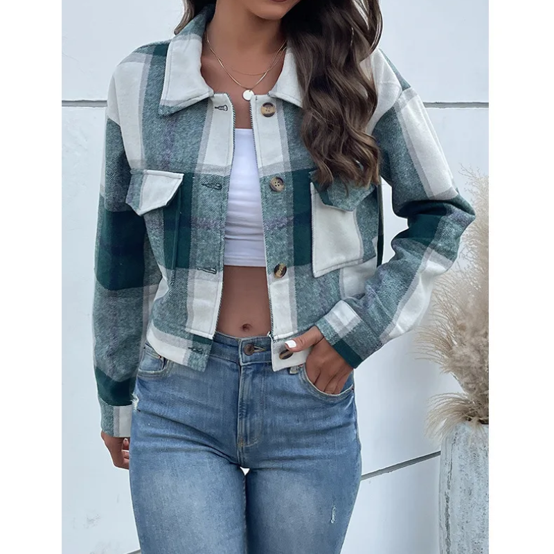 Grace - Bomber Plaid pour Femmes, Modèle Court avec Fermeture Bouton et Zip
