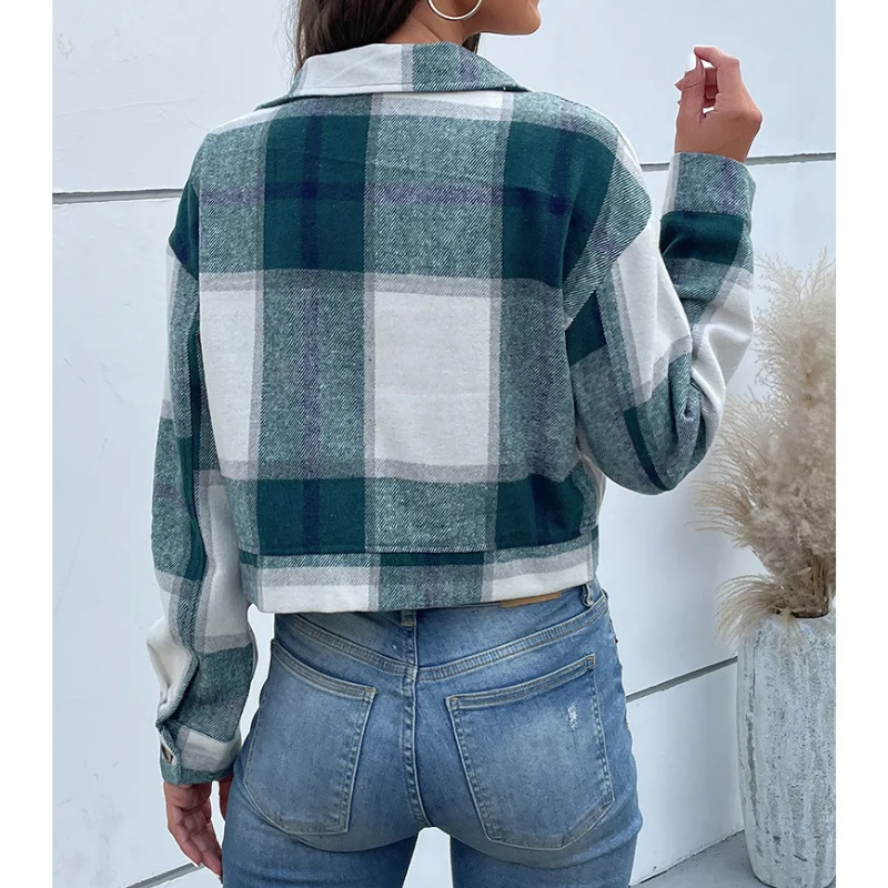 Grace - Bomber Plaid pour Femmes, Modèle Court avec Fermeture Bouton et Zip