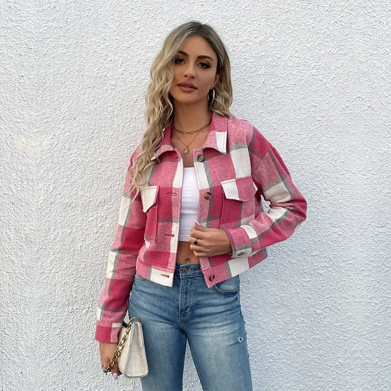 Grace - Bomber Plaid pour Femmes, Modèle Court avec Fermeture Bouton et Zip