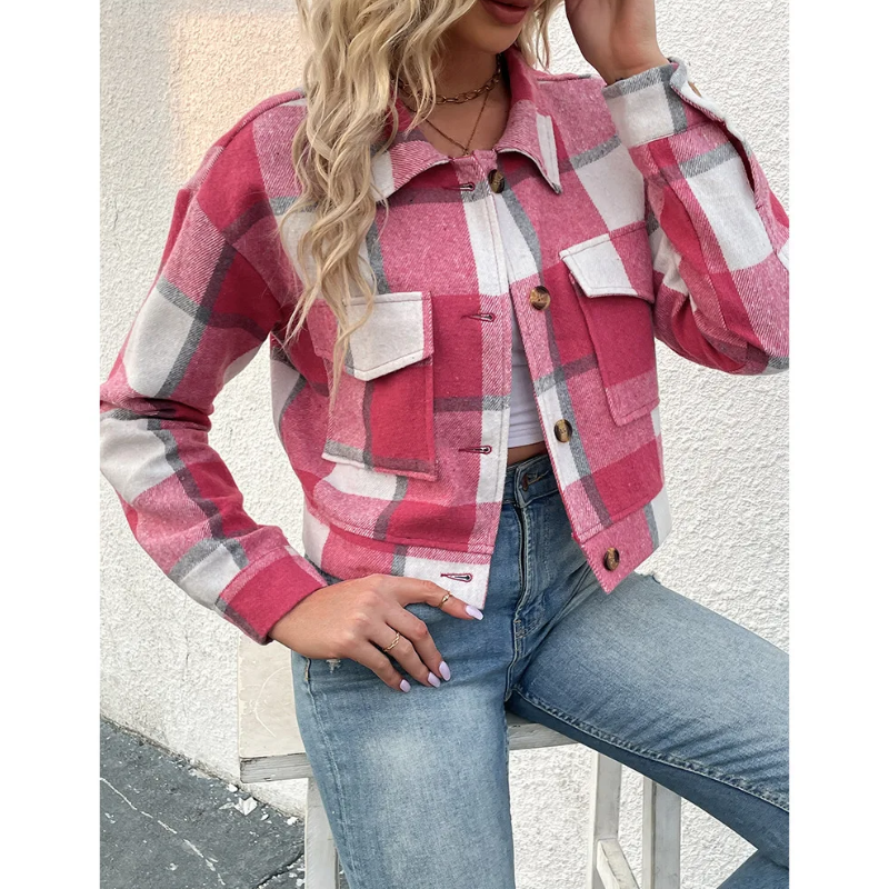 Grace - Bomber Plaid pour Femmes, Modèle Court avec Fermeture Bouton et Zip