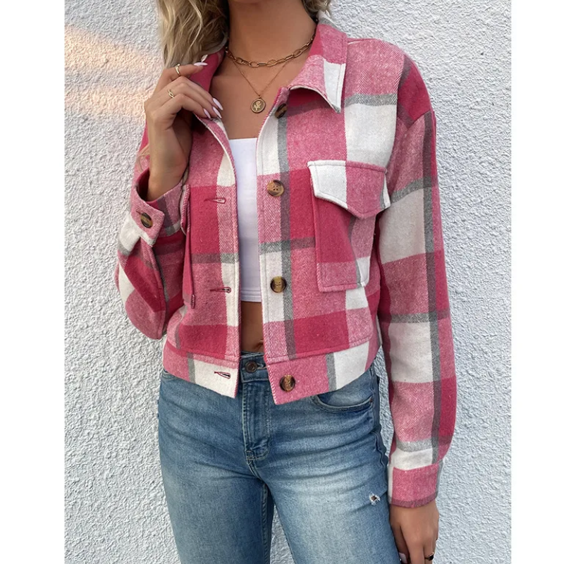 Grace - Bomber Plaid pour Femmes, Modèle Court avec Fermeture Bouton et Zip