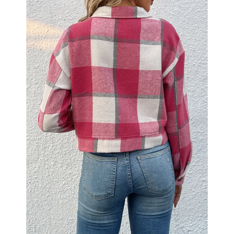 Grace - Bomber Plaid pour Femmes, Modèle Court avec Fermeture Bouton et Zip