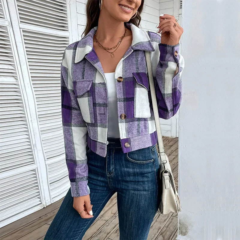 Grace - Bomber Plaid pour Femmes, Modèle Court avec Fermeture Bouton et Zip