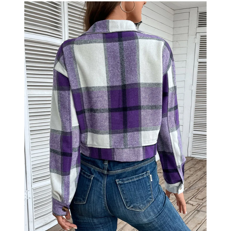 Grace - Bomber Plaid pour Femmes, Modèle Court avec Fermeture Bouton et Zip