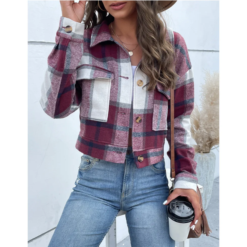 Grace - Bomber Plaid pour Femmes, Modèle Court avec Fermeture Bouton et Zip