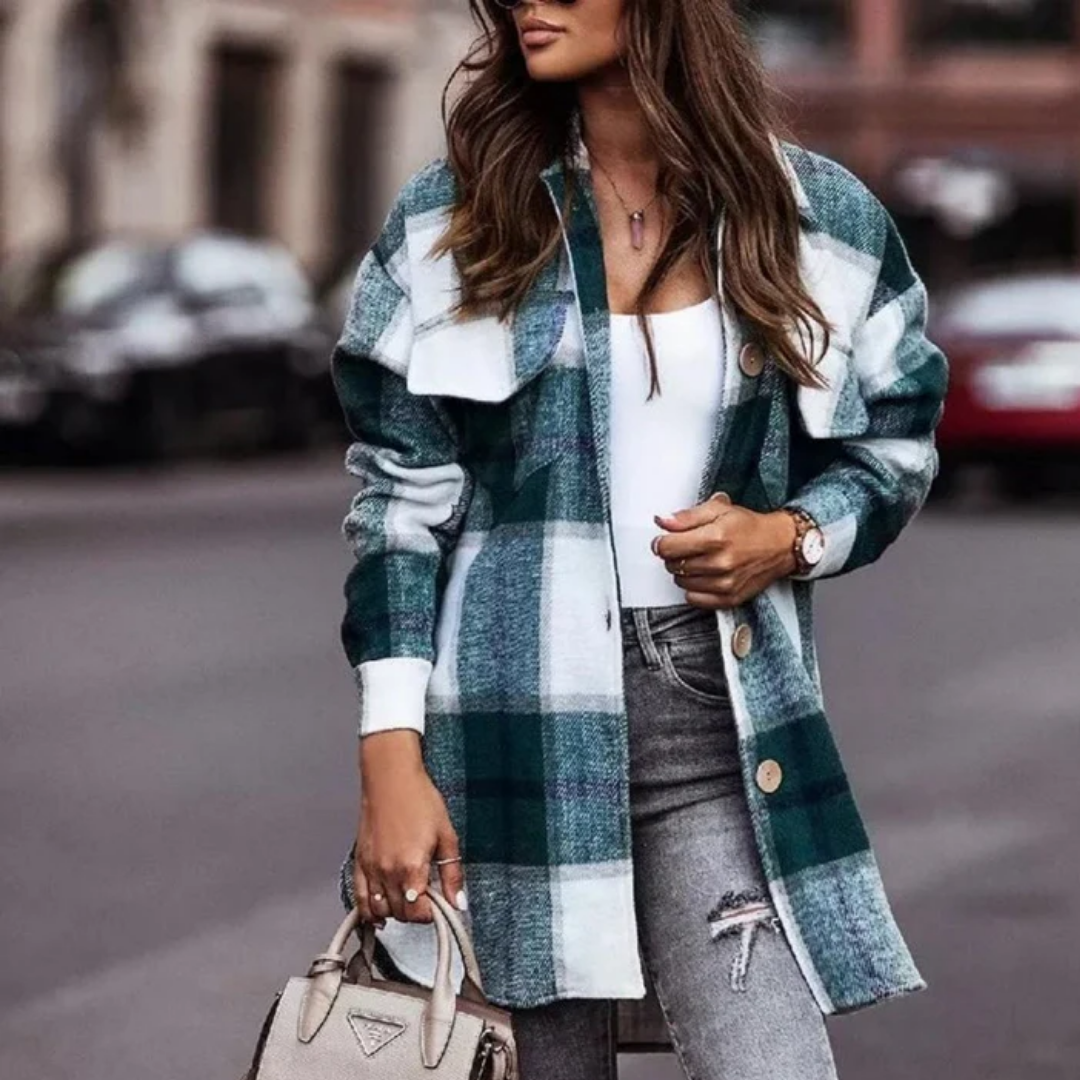 Isabeau | Veste à Carreaux Bouton En Bas Pour Femme | Longue