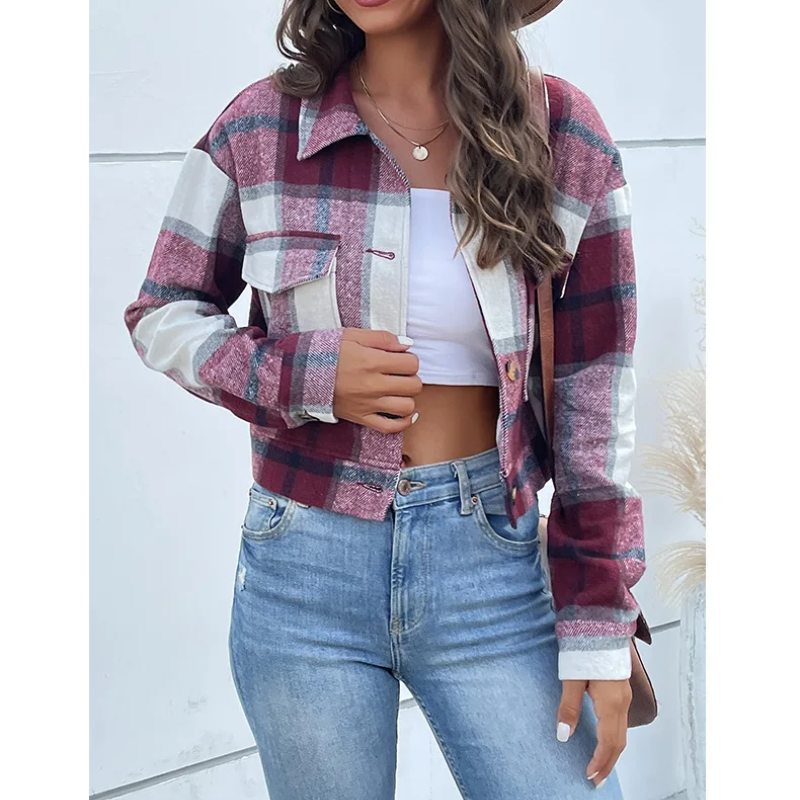 Grace - Bomber Plaid pour Femmes, Modèle Court avec Fermeture Bouton et Zip