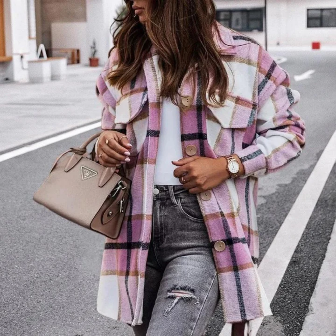 Isabeau | Veste à Carreaux Bouton En Bas Pour Femme | Longue