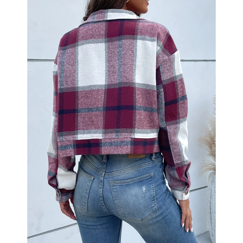 Grace - Bomber Plaid pour Femmes, Modèle Court avec Fermeture Bouton et Zip