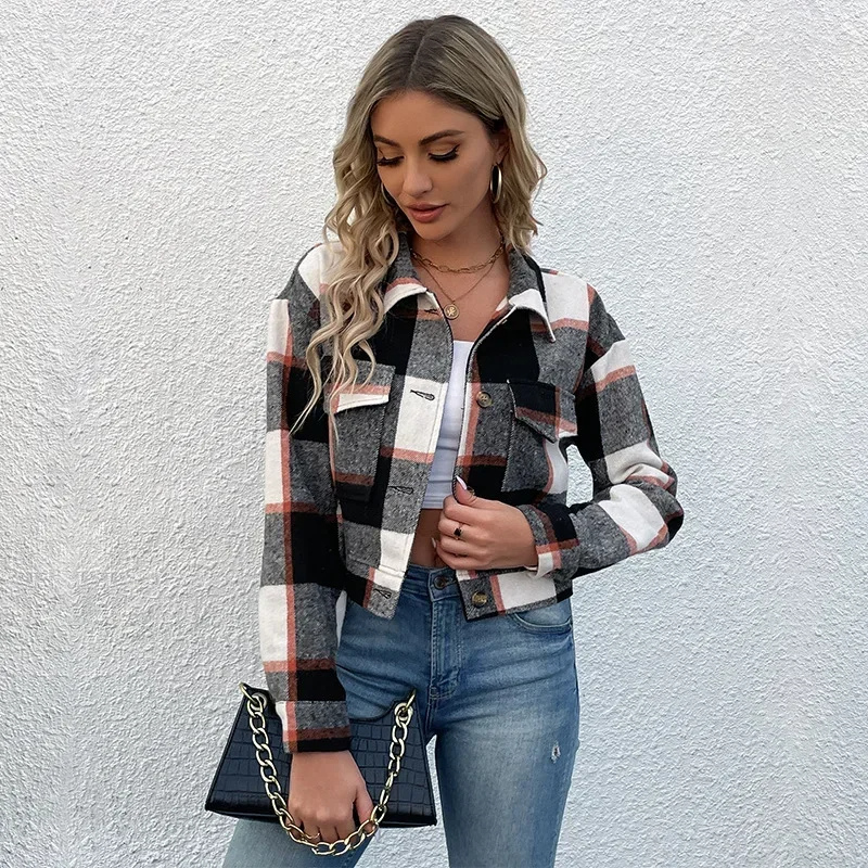 Grace - Bomber Plaid pour Femmes, Modèle Court avec Fermeture Bouton et Zip
