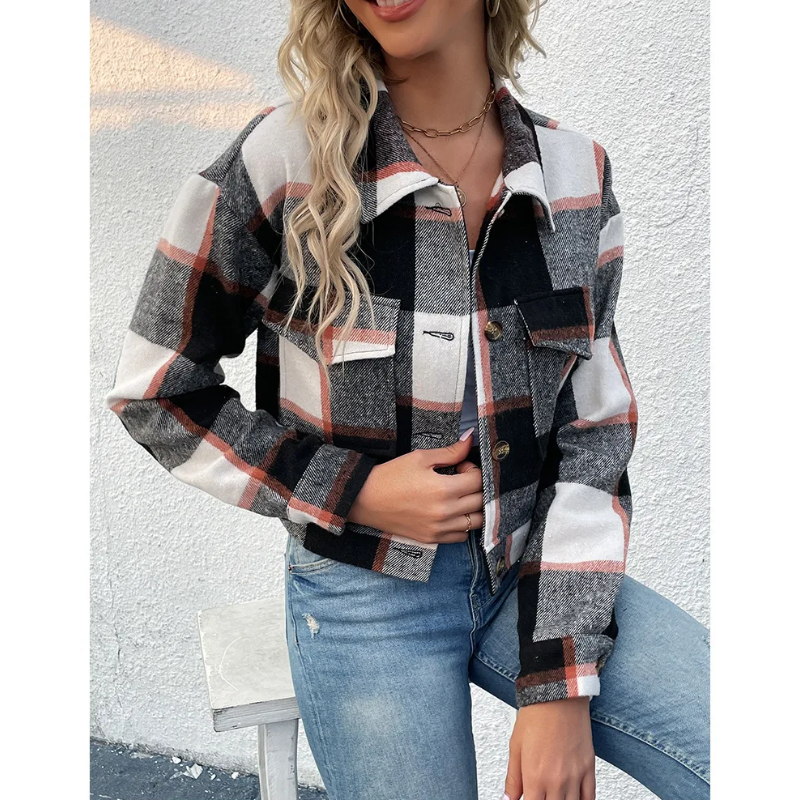 Grace - Bomber Plaid pour Femmes, Modèle Court avec Fermeture Bouton et Zip