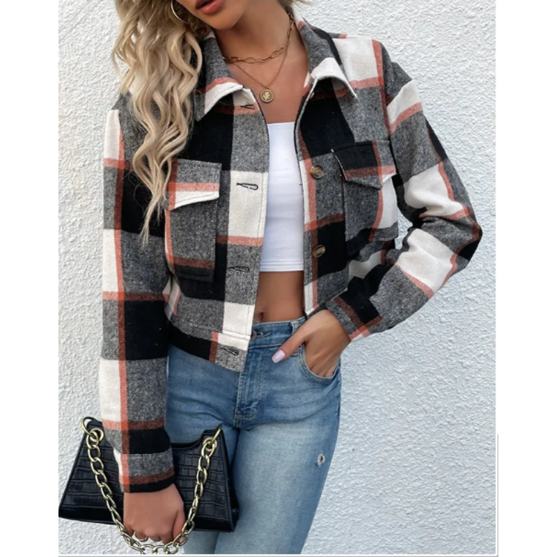 Grace - Bomber Plaid pour Femmes, Modèle Court avec Fermeture Bouton et Zip