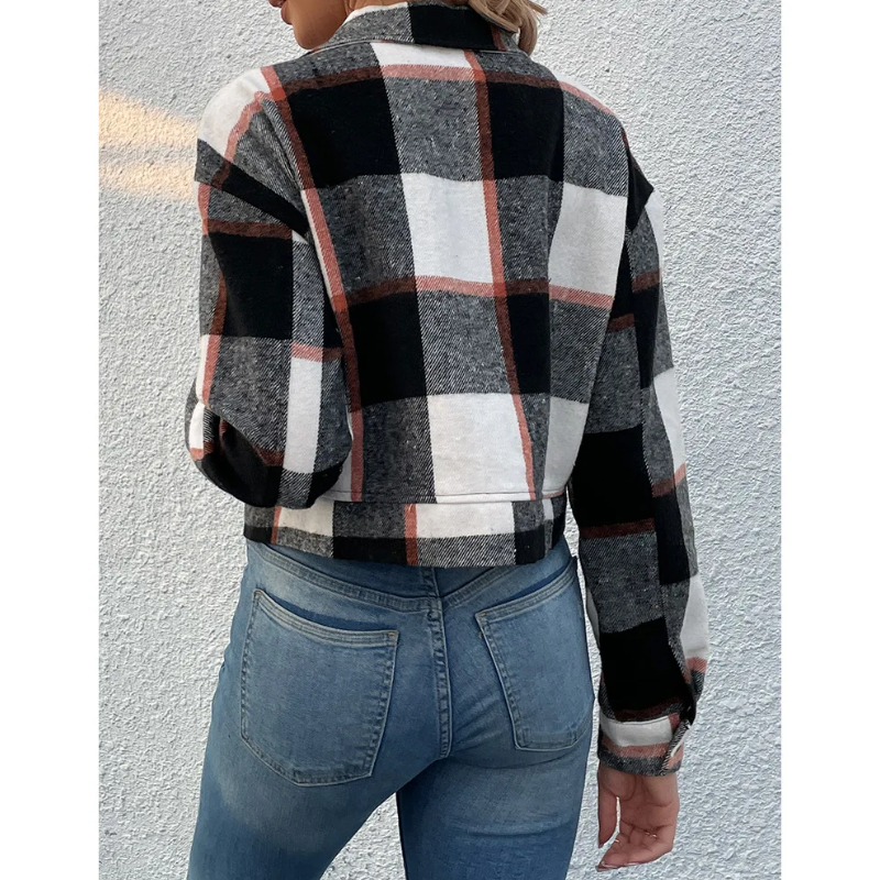 Grace - Bomber Plaid pour Femmes, Modèle Court avec Fermeture Bouton et Zip