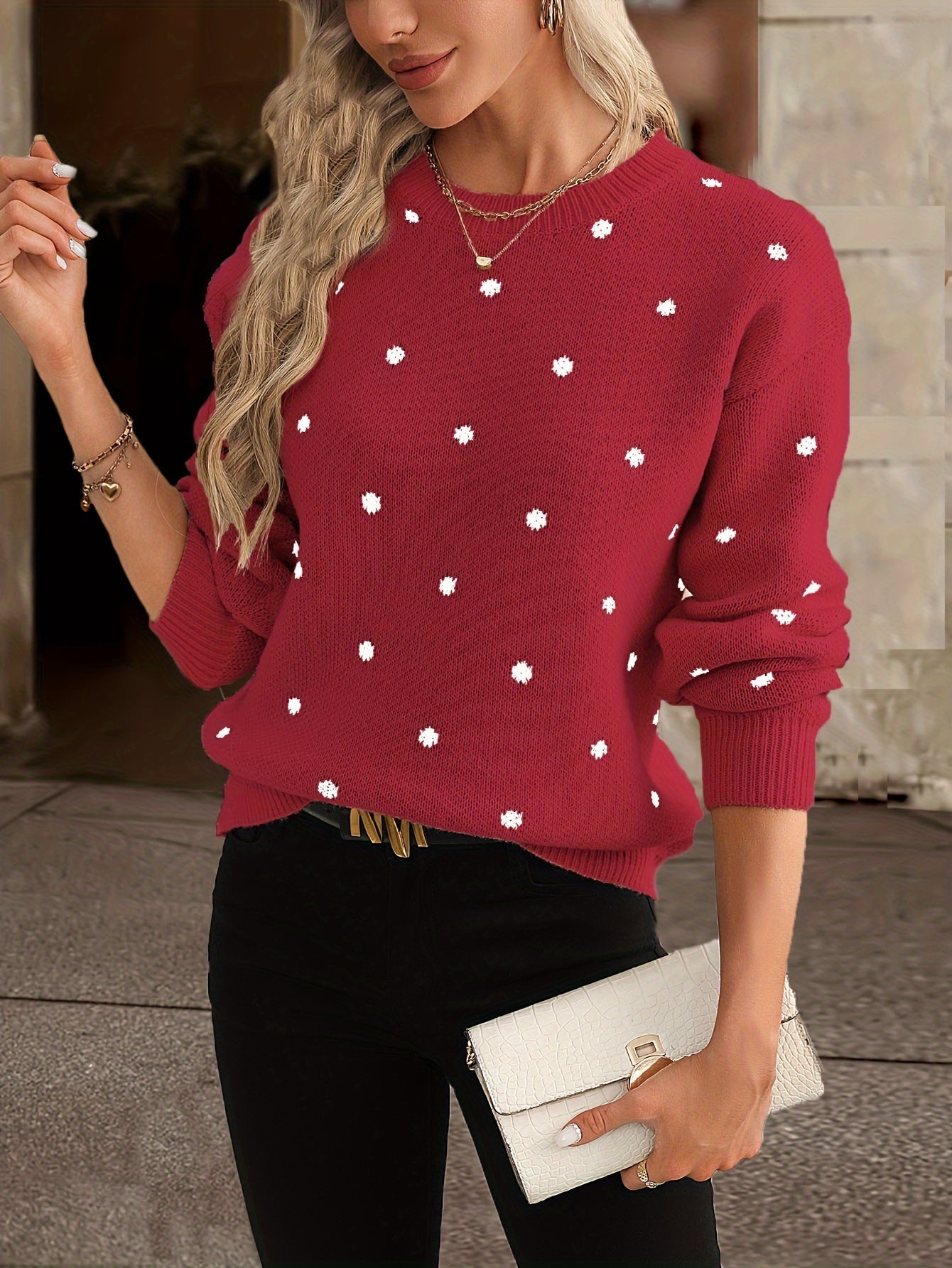 Adeline - Pull Tricoté avec Motif à Pois et Col Rond pour Femme