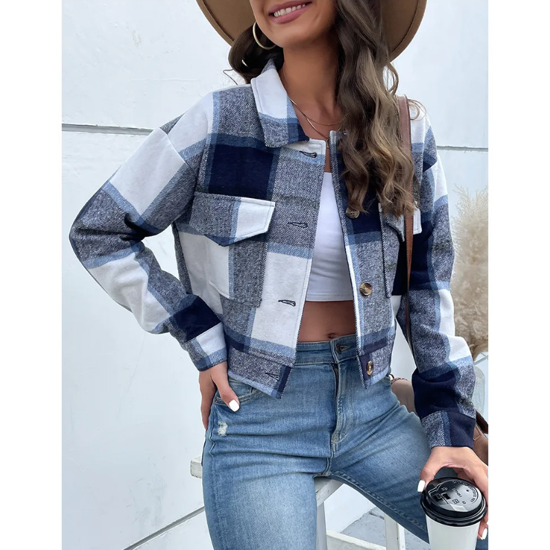 Grace - Bomber Plaid pour Femmes, Modèle Court avec Fermeture Bouton et Zip