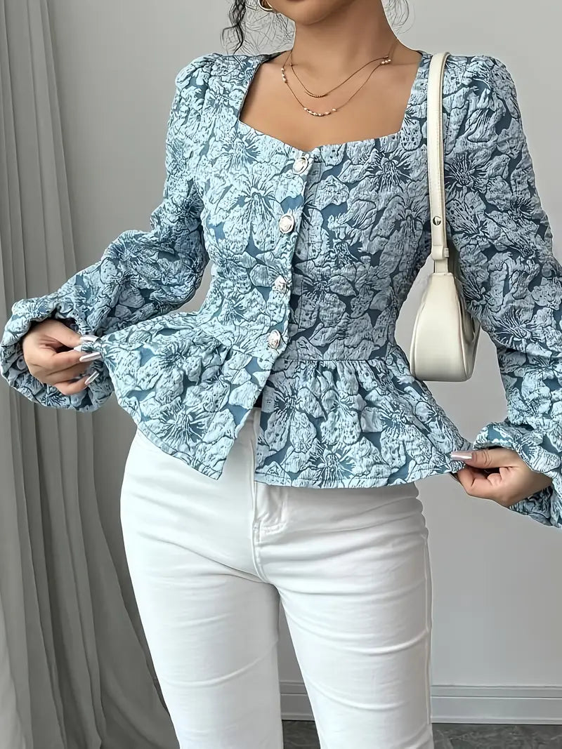 Eliza - Élégant top en jacquard floral à ourlet volanté