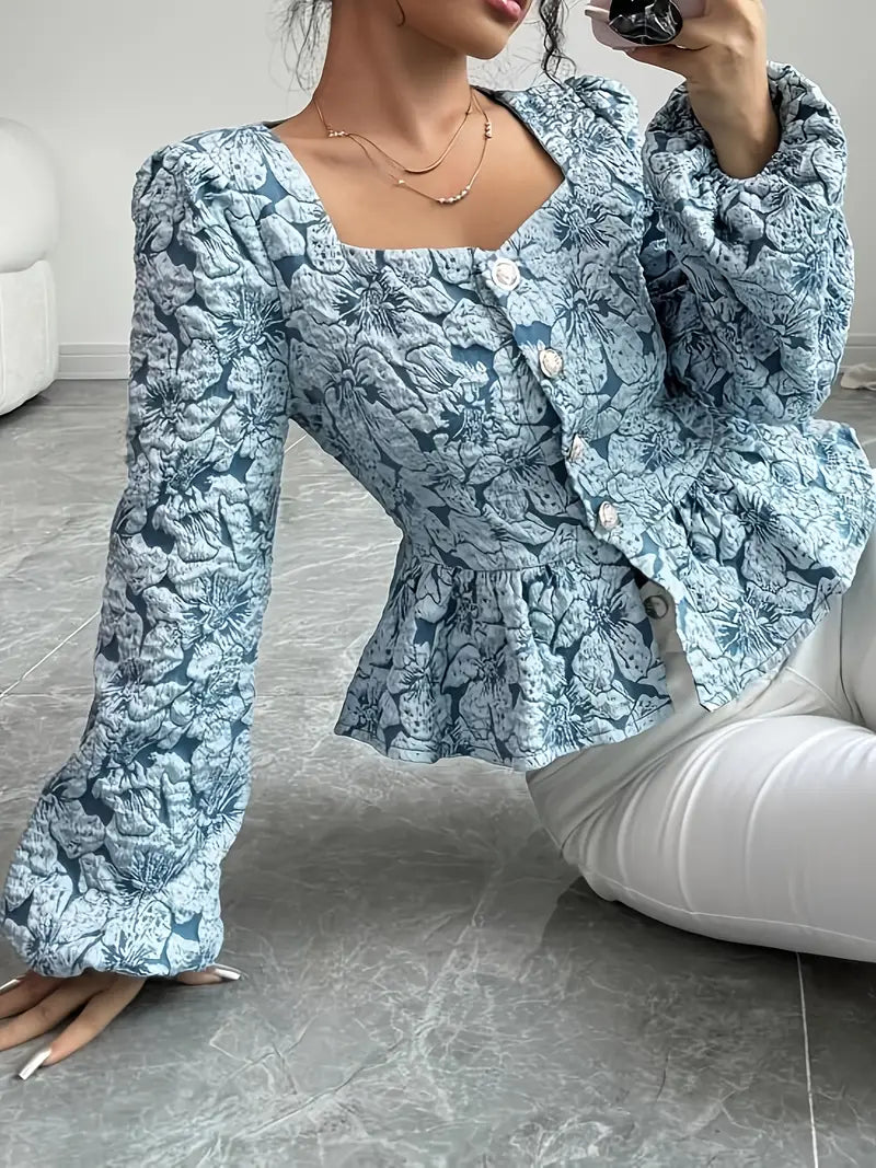 Eliza - Élégant top en jacquard floral à ourlet volanté