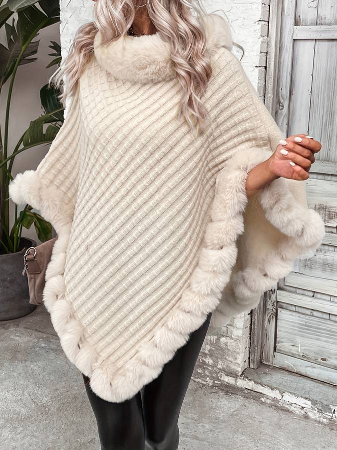 Carmel - Poncho Beige avec Fausse Fourrure pour Femmes
