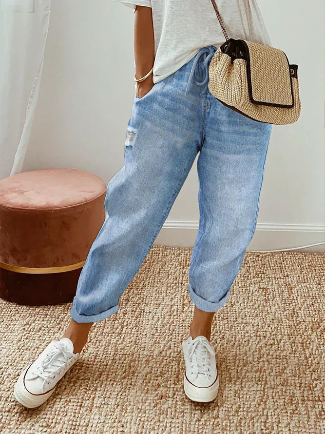 Lidia - Pantalon déchiré décontracté uni