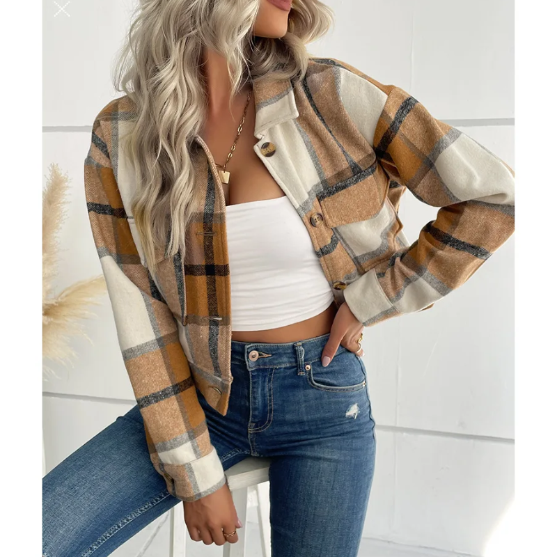 Grace - Bomber Plaid pour Femmes, Modèle Court avec Fermeture Bouton et Zip