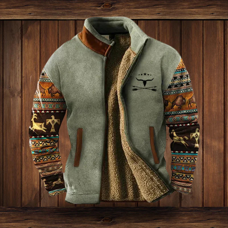 Aristide | Veste Vintage Homme à Col Montant, Doublée Fleece et Imprimé Rétro avec Poches Latérales