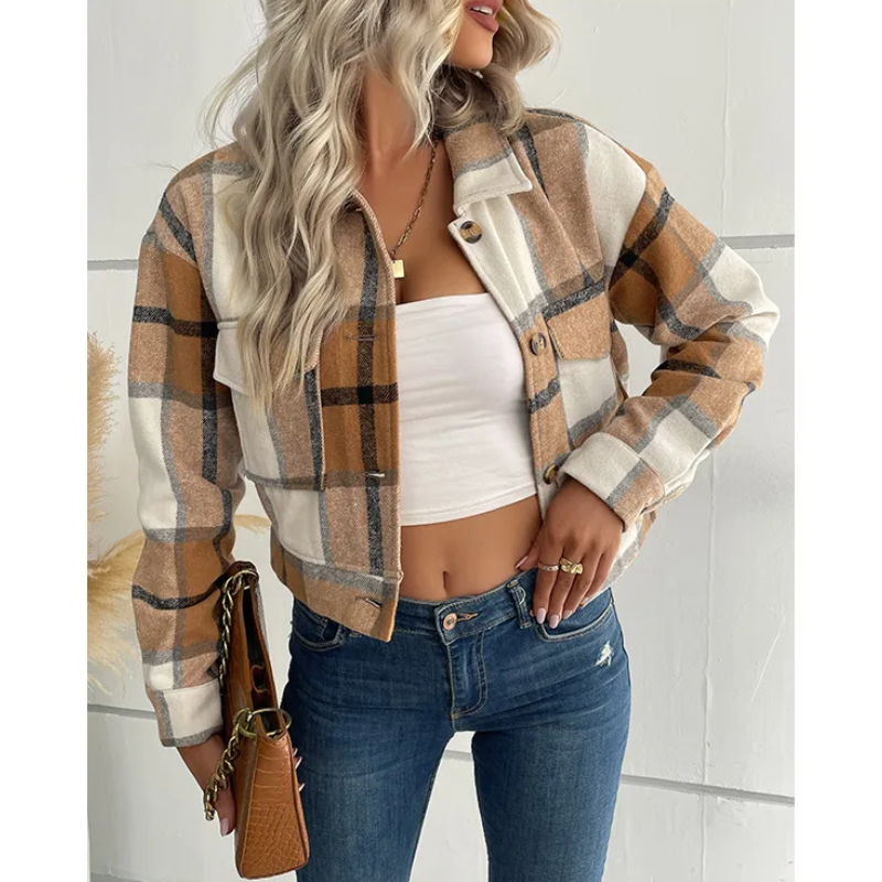 Grace - Bomber Plaid pour Femmes, Modèle Court avec Fermeture Bouton et Zip