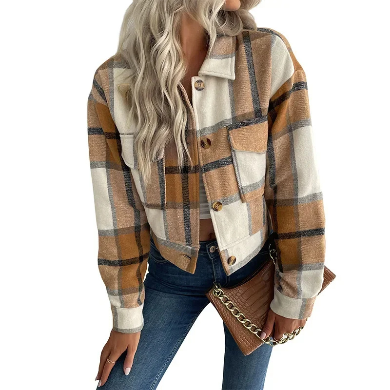 Grace - Bomber Plaid pour Femmes, Modèle Court avec Fermeture Bouton et Zip