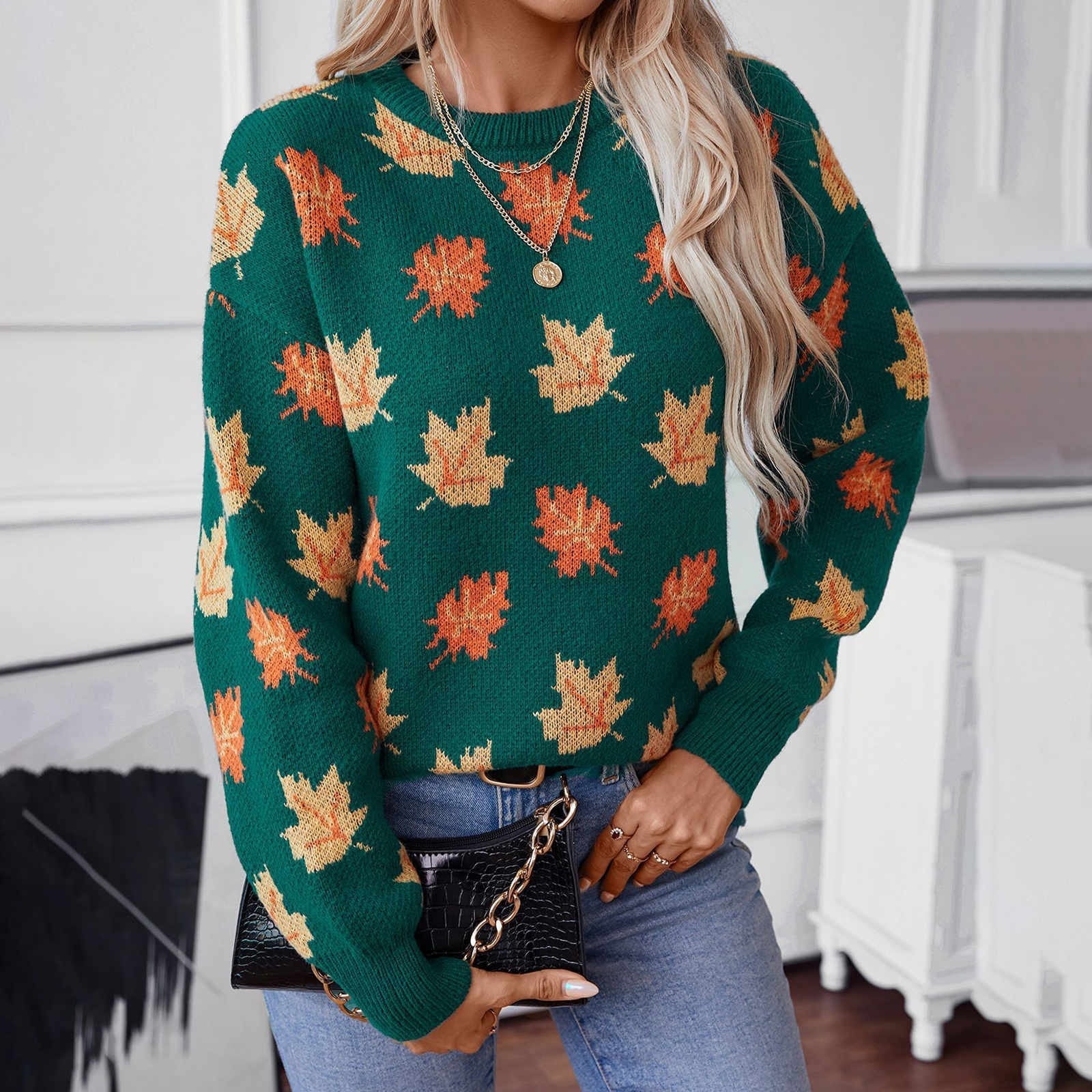 Sylvia - Pull tricoté avec des feuilles d'automne