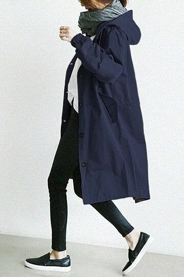 Nadina | Manteau Long Imperméable à Capuche et Boutons – Élégance Pratique pour Toutes les Saisons