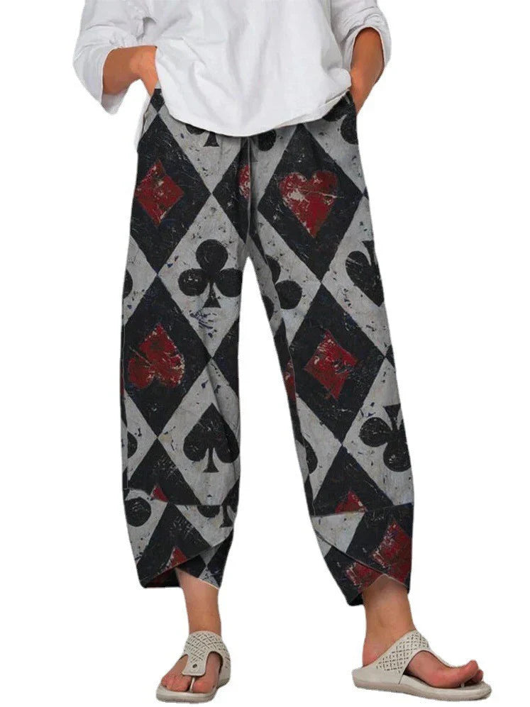 Linda - Pantalon court ample à taille basse pour femmes, imprimé avec surpiqûres, gris