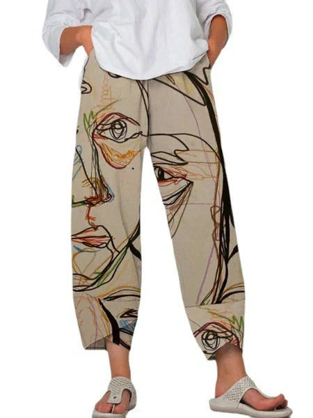 Linda - Pantalon court ample à taille basse pour femmes, imprimé avec surpiqûres, gris
