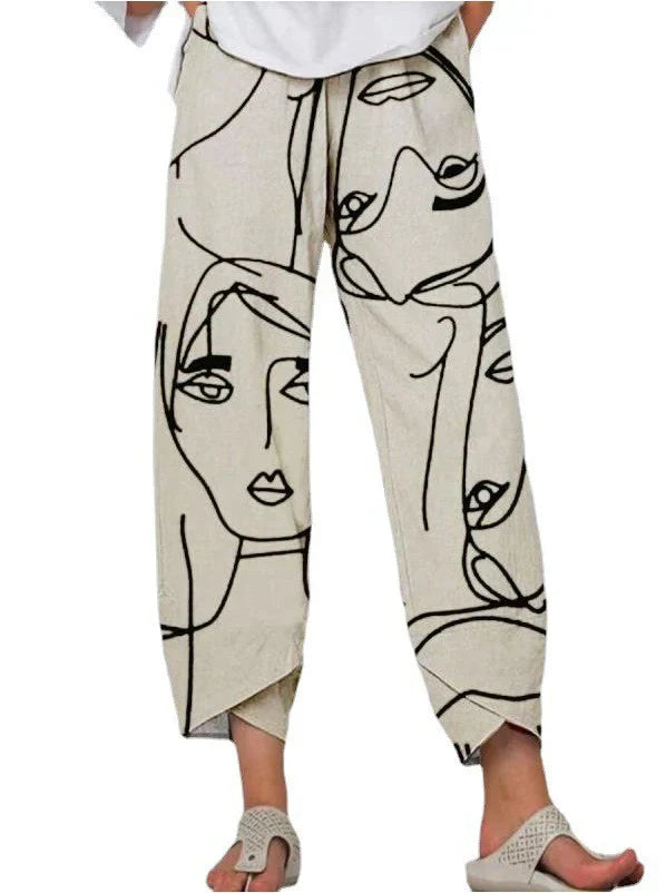 Linda - Pantalon court ample à taille basse pour femmes, imprimé avec surpiqûres, gris