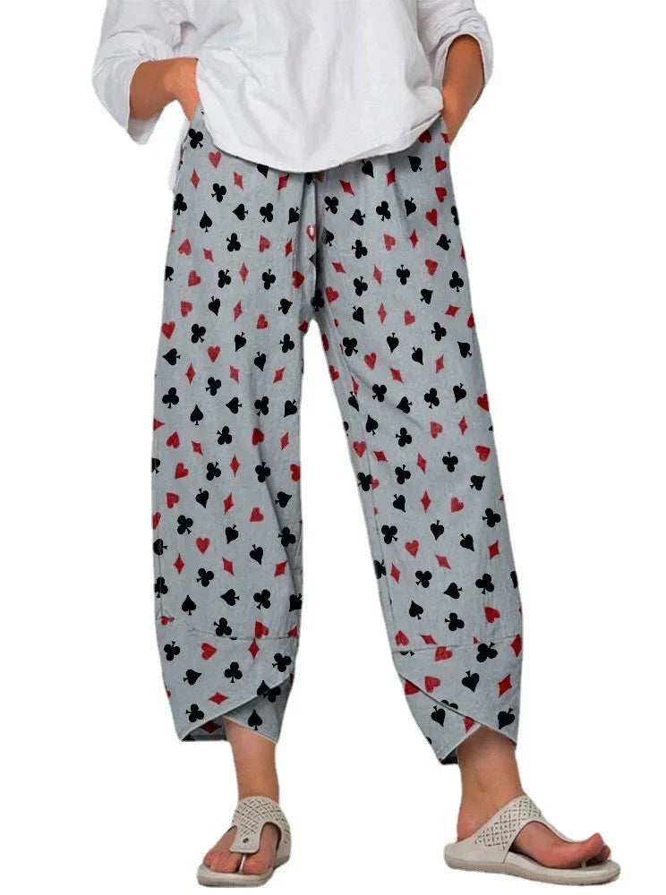 Linda - Pantalon court ample à taille basse pour femmes, imprimé avec surpiqûres, gris