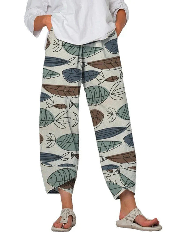 Linda - Pantalon court ample à taille basse pour femmes, imprimé avec surpiqûres, gris