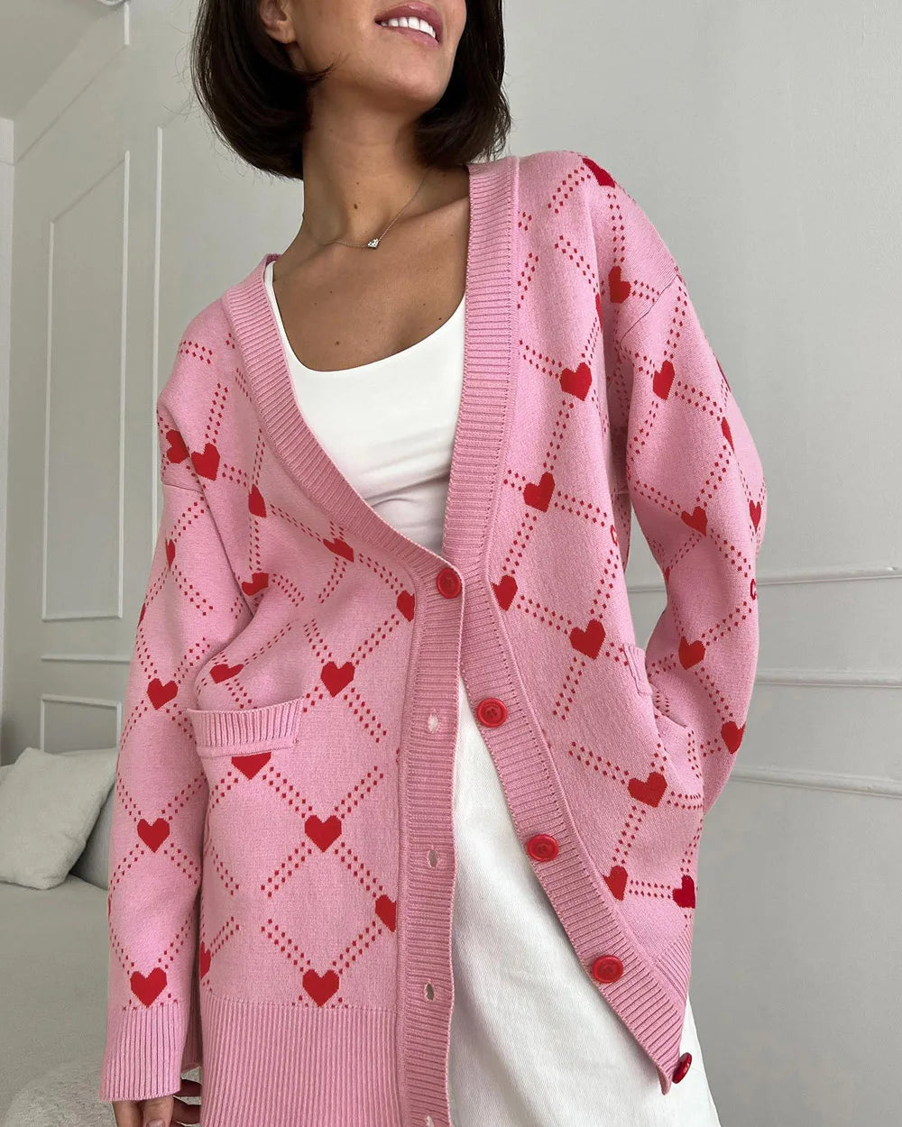 Willa | Cardigan Tricoté à Boutons avec Motifs Cœurs