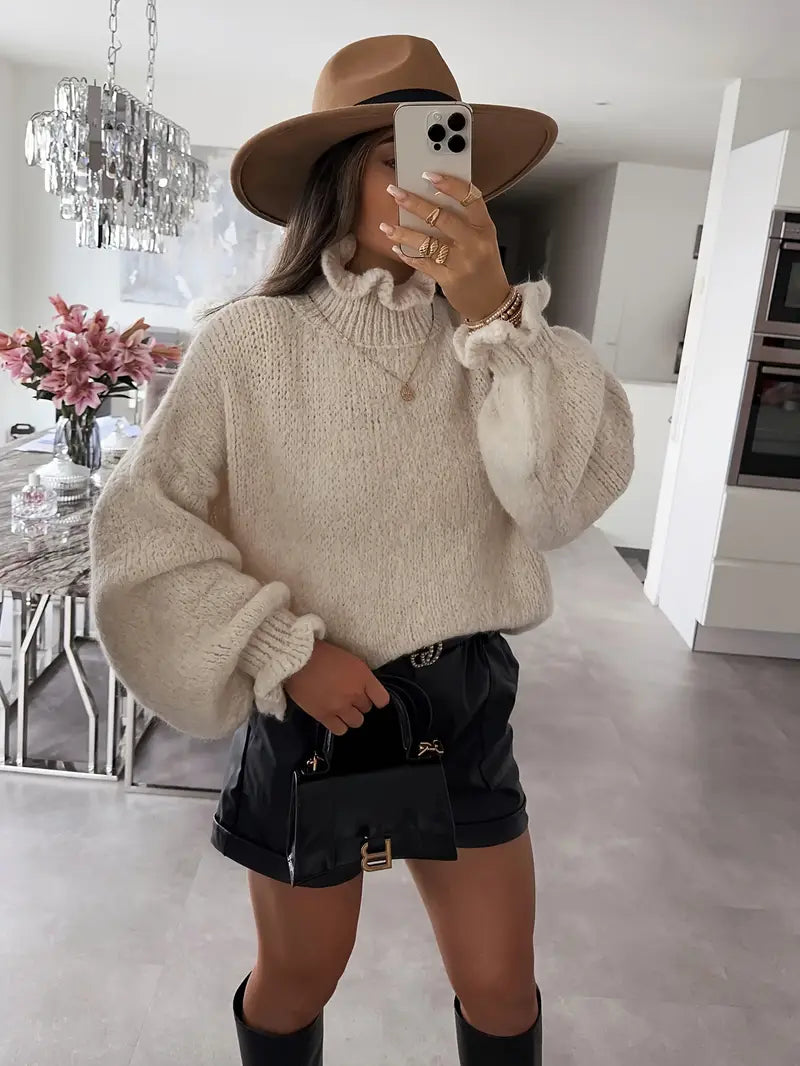 Katherine - Pull tricoté pour femmes avec col montant et manches longues
