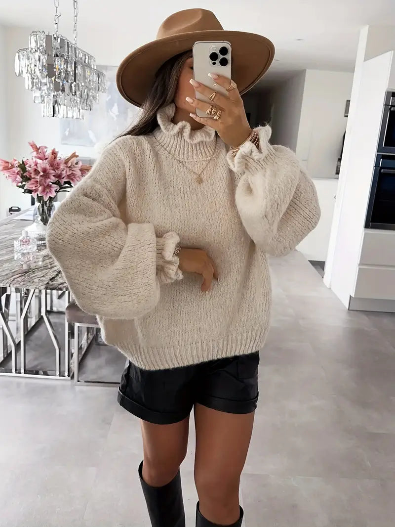 Katherine - Pull tricoté pour femmes avec col montant et manches longues