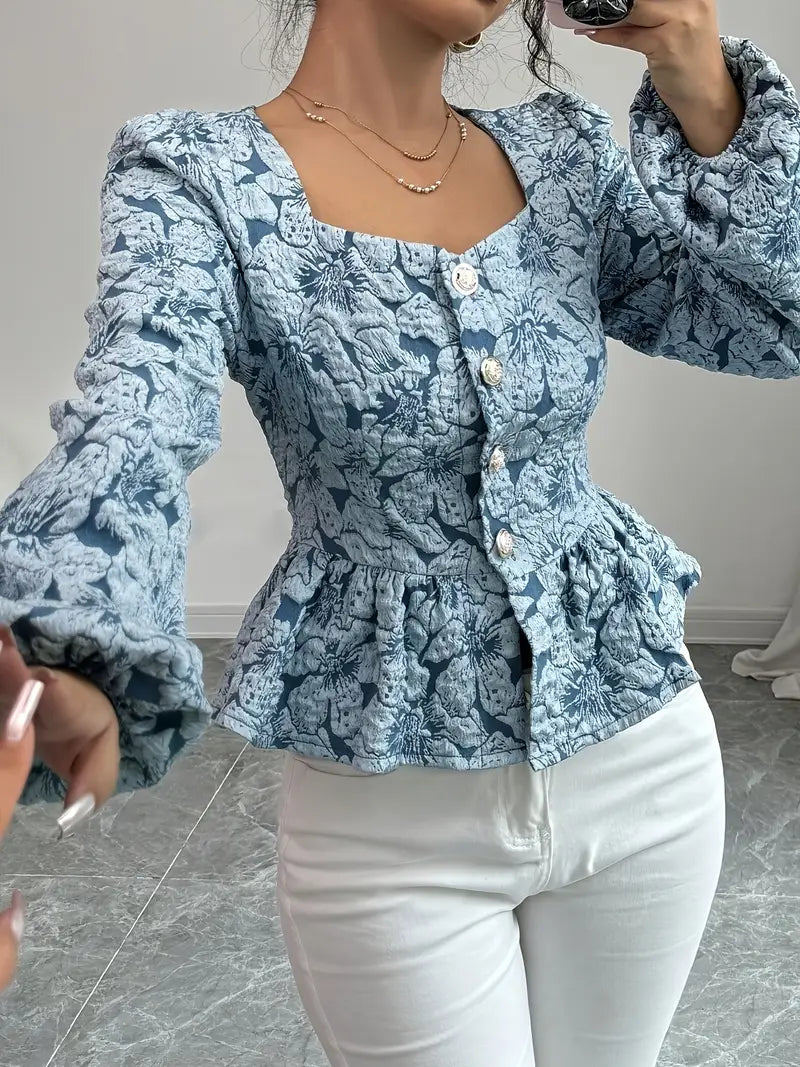 Eliza - Élégant top en jacquard floral à ourlet volanté