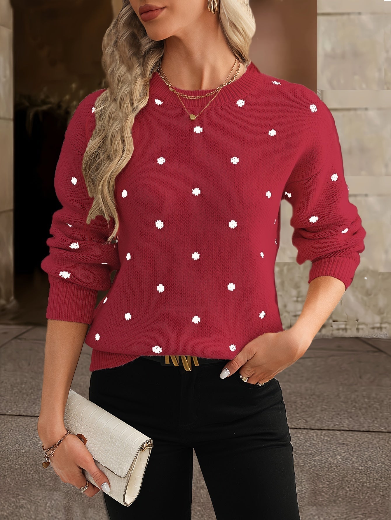 Adeline - Pull Tricoté avec Motif à Pois et Col Rond pour Femme