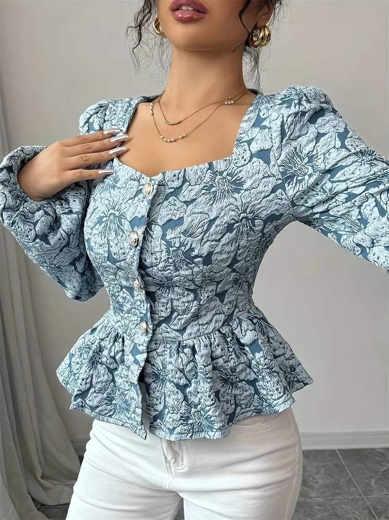 Eliza - Élégant top en jacquard floral à ourlet volanté