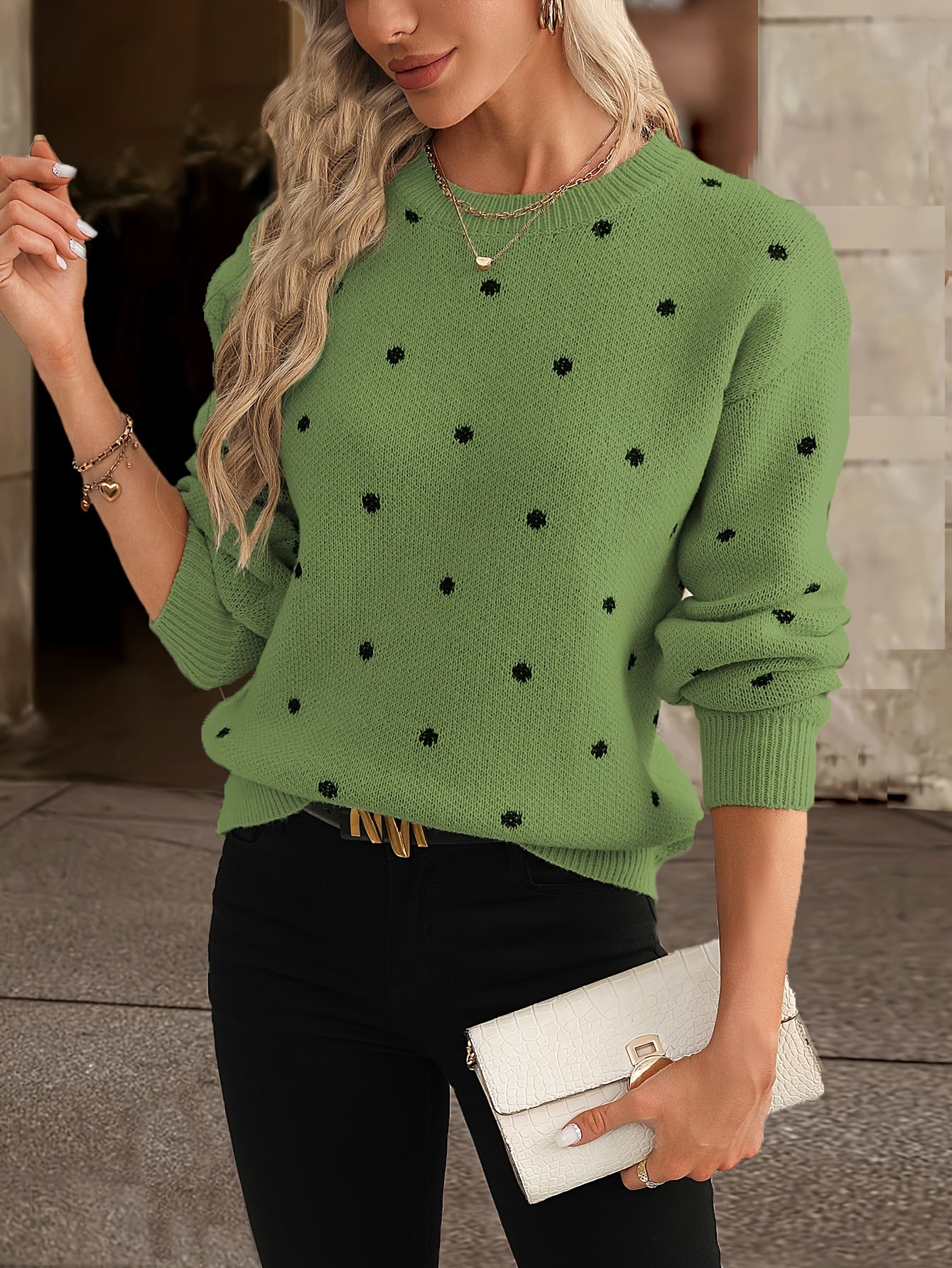 Adeline - Pull Tricoté avec Motif à Pois et Col Rond pour Femme