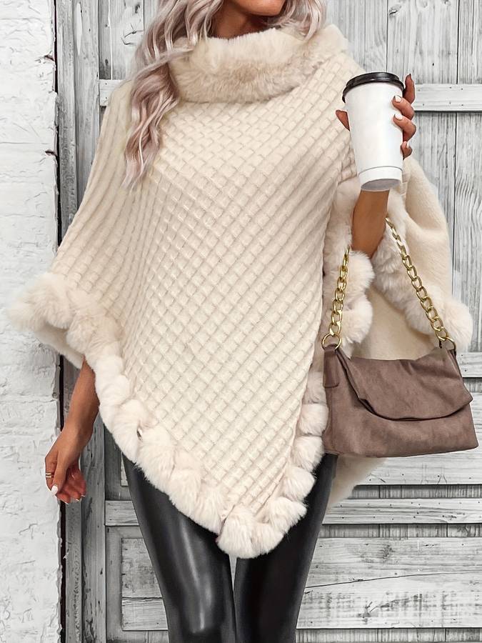 Carmel - Poncho Beige avec Fausse Fourrure pour Femmes