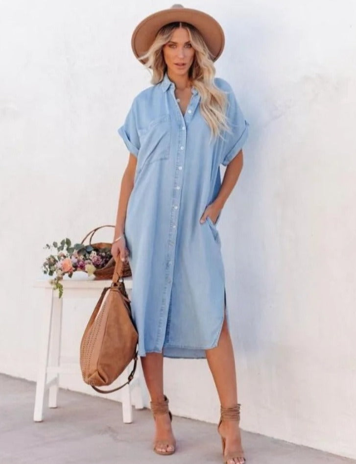 Emily - Robe chemise en denim à manches courtes