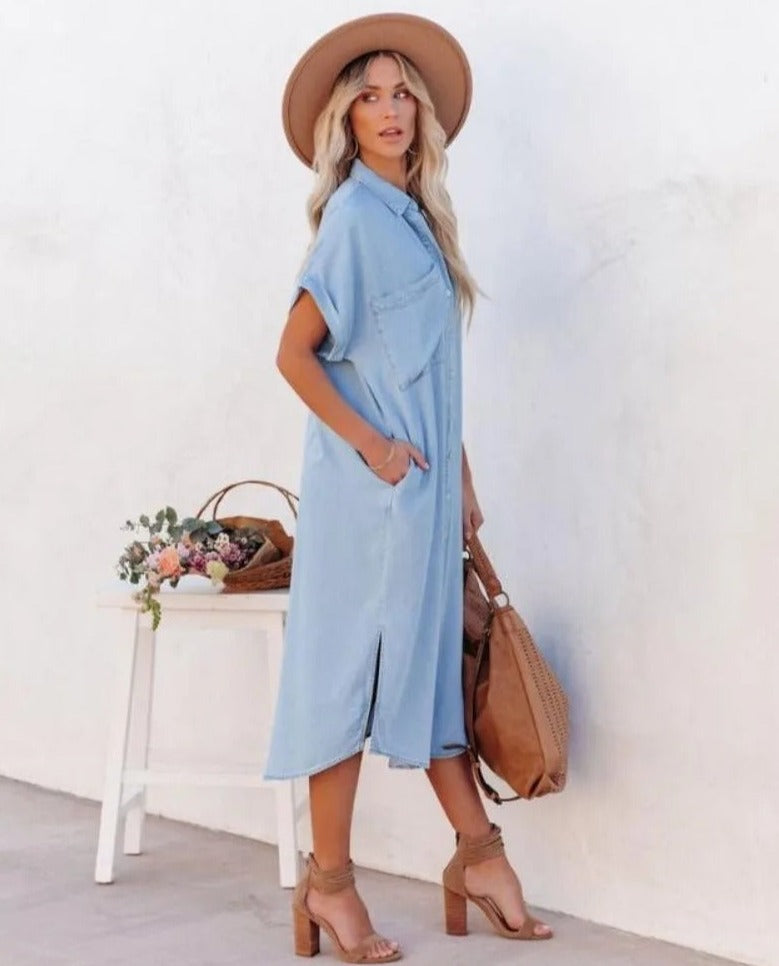 Emily - Robe chemise en denim à manches courtes