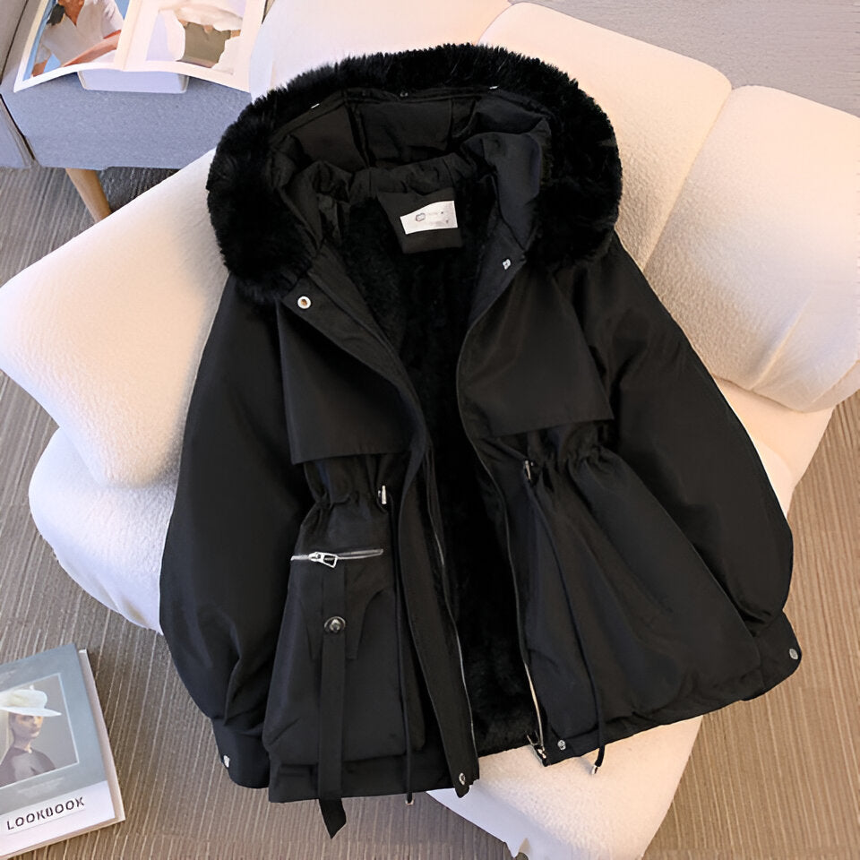 Enolia | Manteau d'hiver pour femme avec capuche en fourrure, doublure en polaire, taille ajustable par cordon