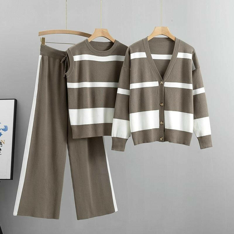 Kateline | Ensemble Tricoté 3 Pièces Femme – Haut à Col Rond Bi-ton, Cardigan à Boutons en V et Pantalon Taille Haute